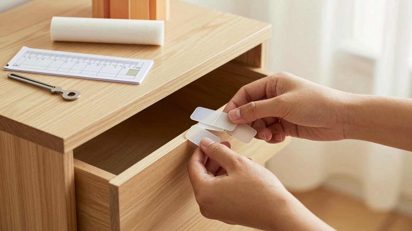 Mãos a aplicar fecho de segurança numa gaveta de madeira, com chave e régua em cima do móvel.