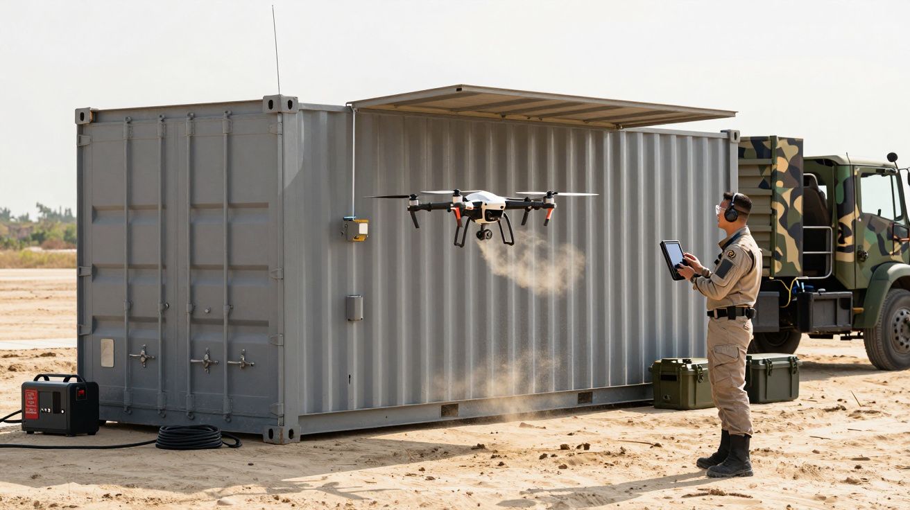 Homem opera drone em frente a contentor cinza num ambiente deserto, com camião militar ao fundo.