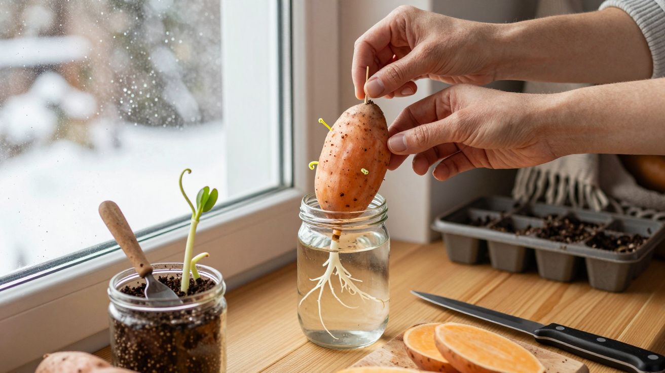 Mãos seguram batata-doce enraizada numa jarra de água, com rebentos a crescer ao lado de uma janela.