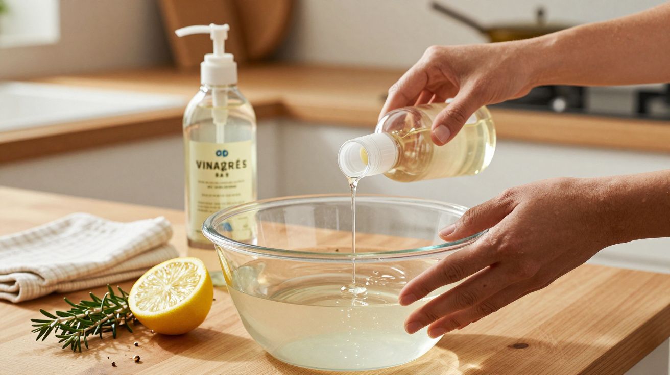 Pessoa a verter vinagre numa tigela de vidro, limão cortado, alecrim e toalha sobre a bancada de madeira.