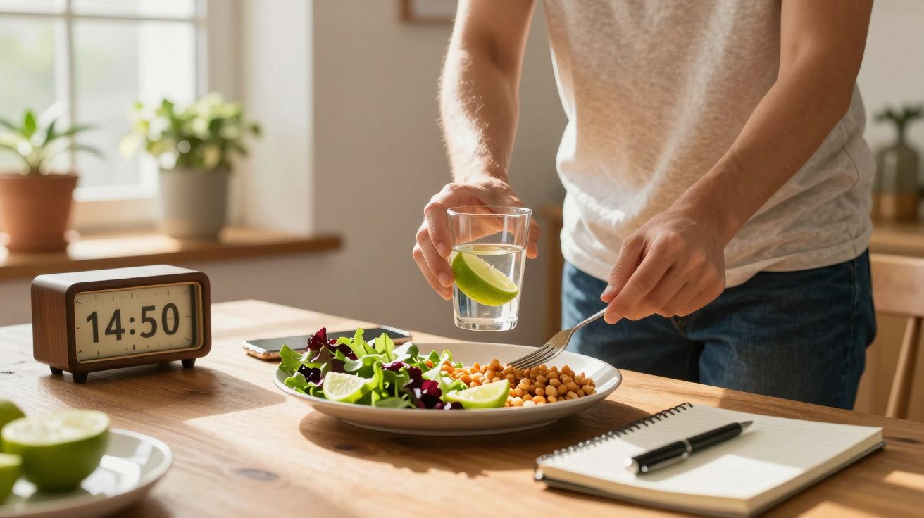 Pessoa serve salada e grão-de-bico à mesa, com copo de água com limão e bloco de notas, às 14h50.