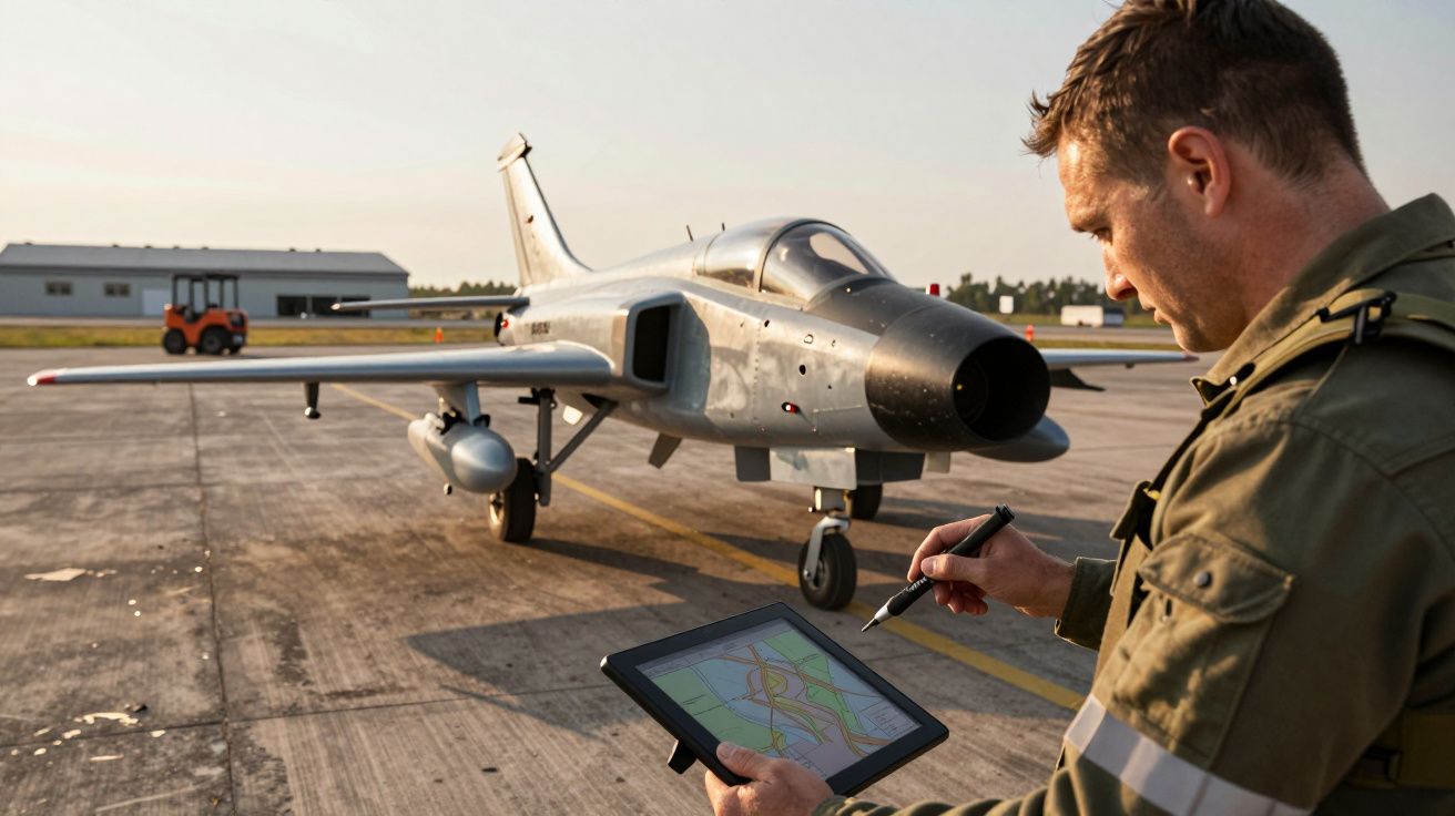 Homem de uniforme usando tablet junto a um pequeno avião militar em pista de aeroporto.
