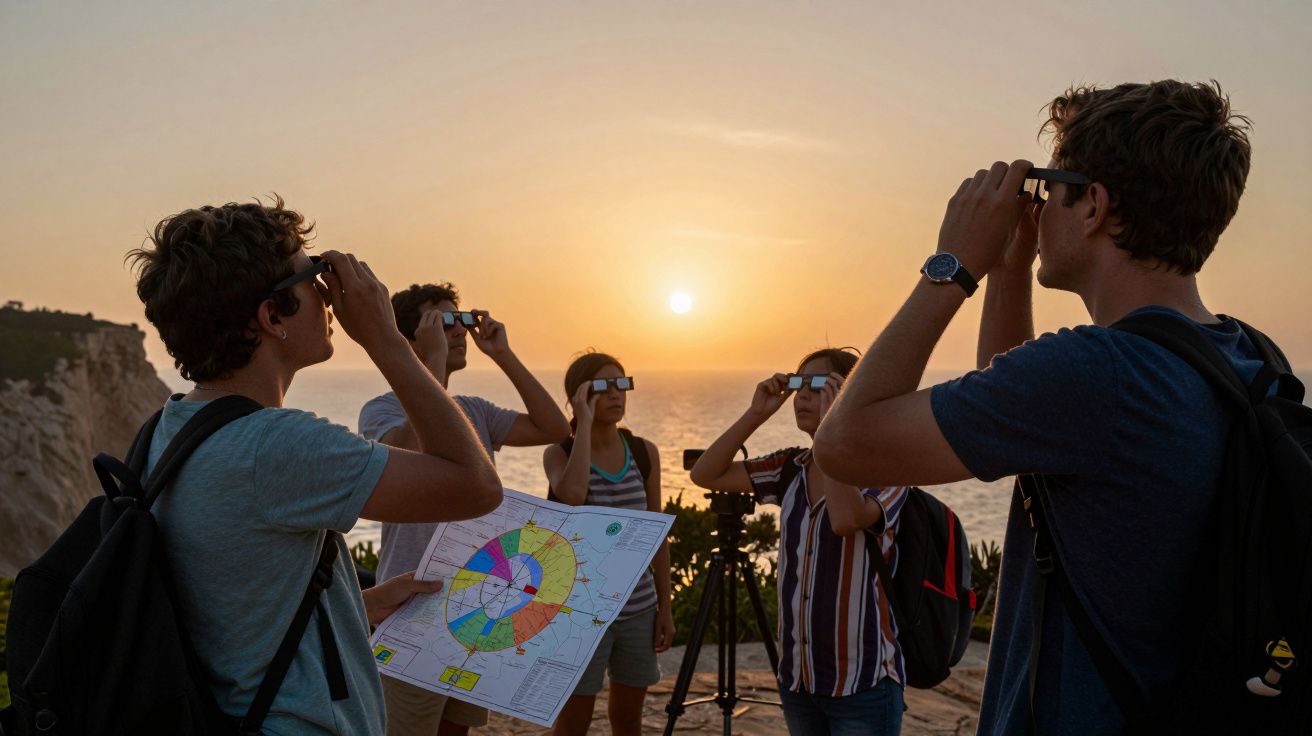 Grupo de pessoas observa o pôr do sol com óculos de proteção, segurando um mapa ao ar livre, numa praia com falésias.