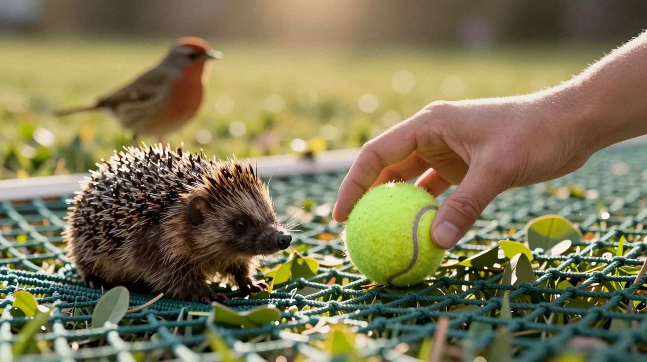 Ouriço observa bola de ténis enquanto mão a segura, com pássaro desfocado ao fundo.