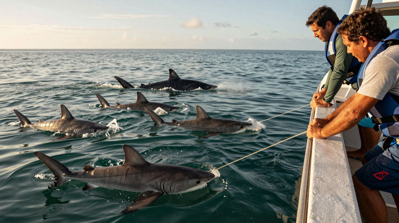 Homens observam tubarões perto de um barco no oceano, com seis tubarões visíveis na água calma.
