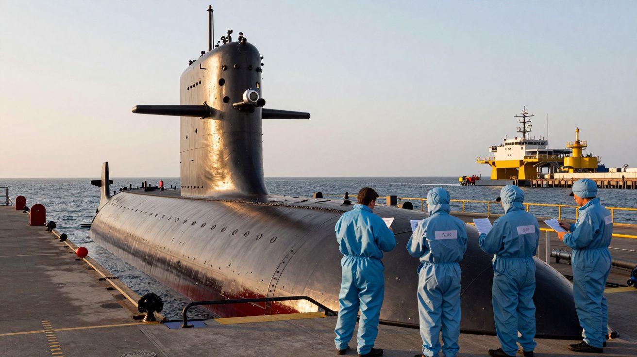 Submarino atracado no porto com tripulação de uniforme azul a verificar documentação, navio amarelo ao fundo.
