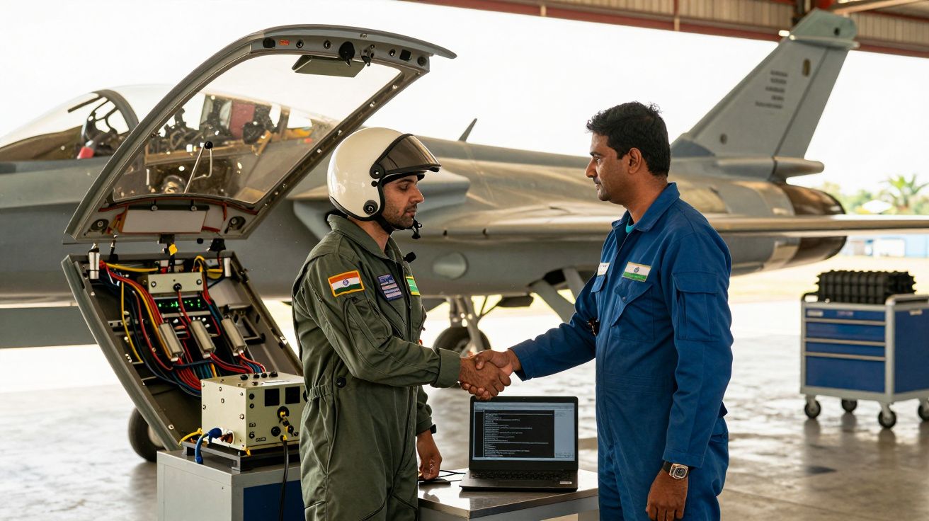 Piloto de capacete cumprimenta técnico em frente a avião de caça num hangar, ao lado de equipamento e portátil.