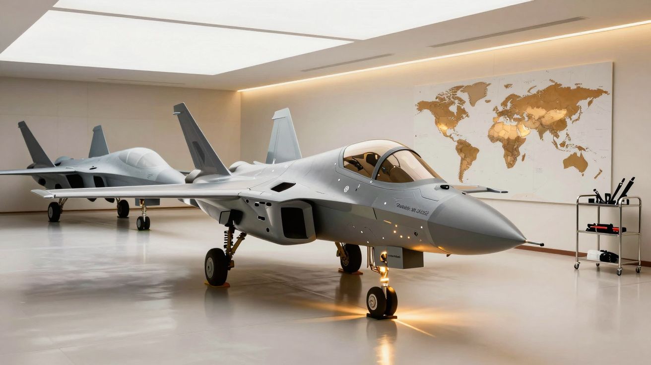 Dois jatos de combate cinzentos em hangar moderno com mapa-mundo na parede ao fundo.