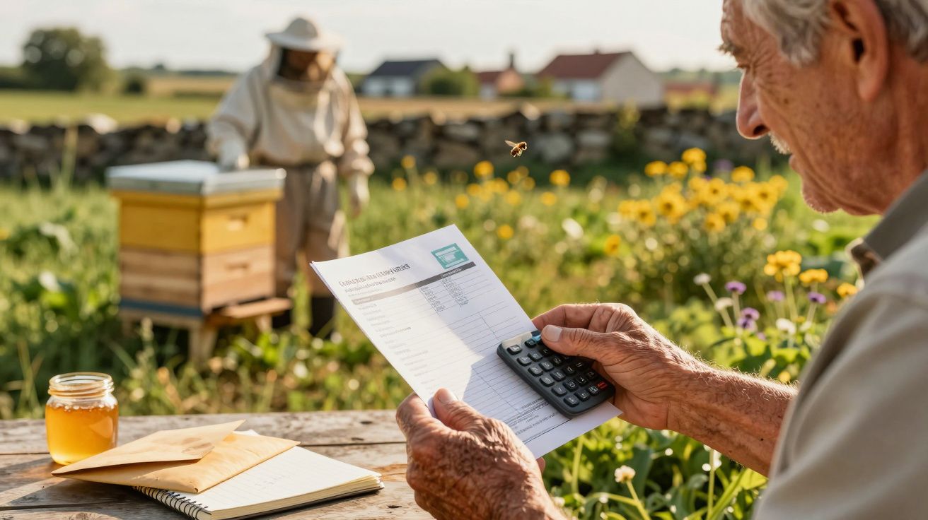 Homem consulta fatura com calculadora em jardim, enquanto apicultor trabalha perto de colmeia.