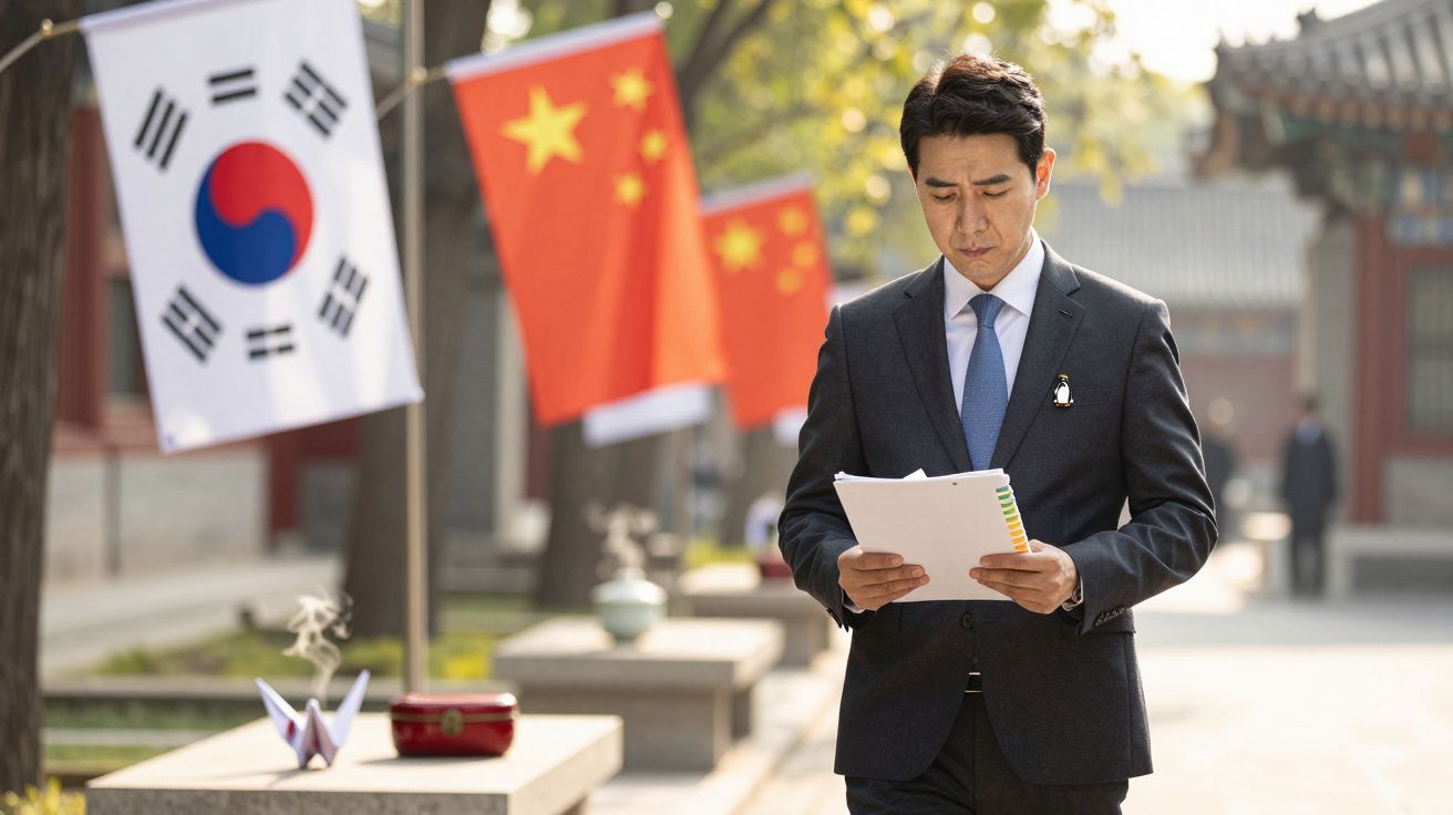 Homem de fato lê documentos ao ar livre, com bandeiras da Coreia do Sul e China ao fundo.