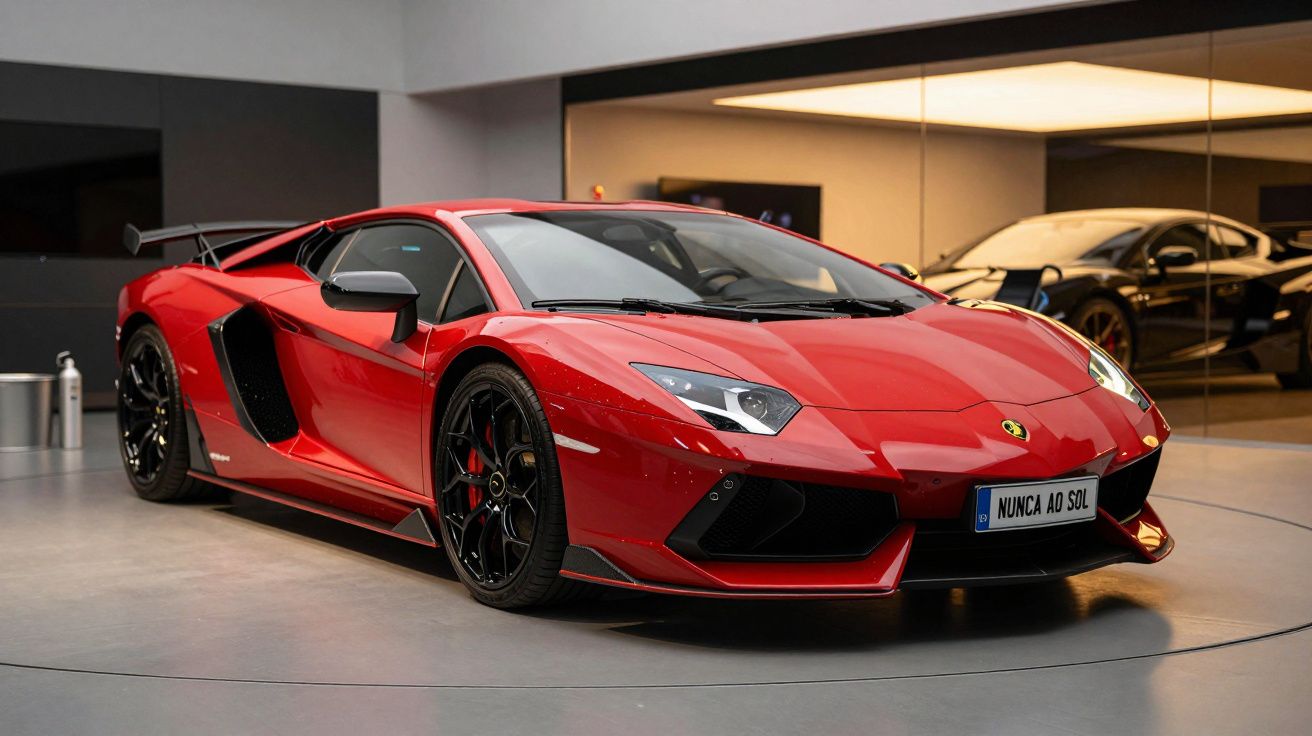Carro desportivo vermelho em exposição num showroom, com design aerodinâmico e jantes pretas.