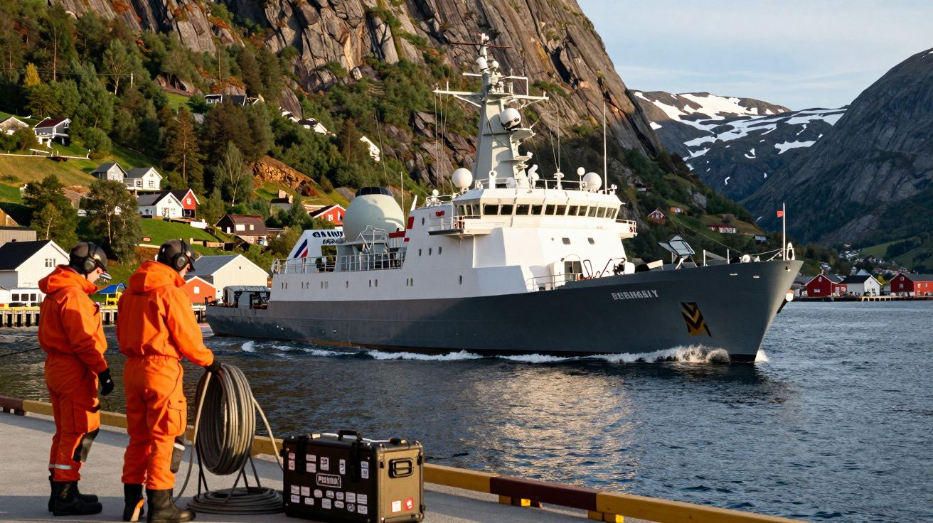 Navio cinza navega perto da costa montanhosa, enquanto dois homens em macacões laranja observam no cais.