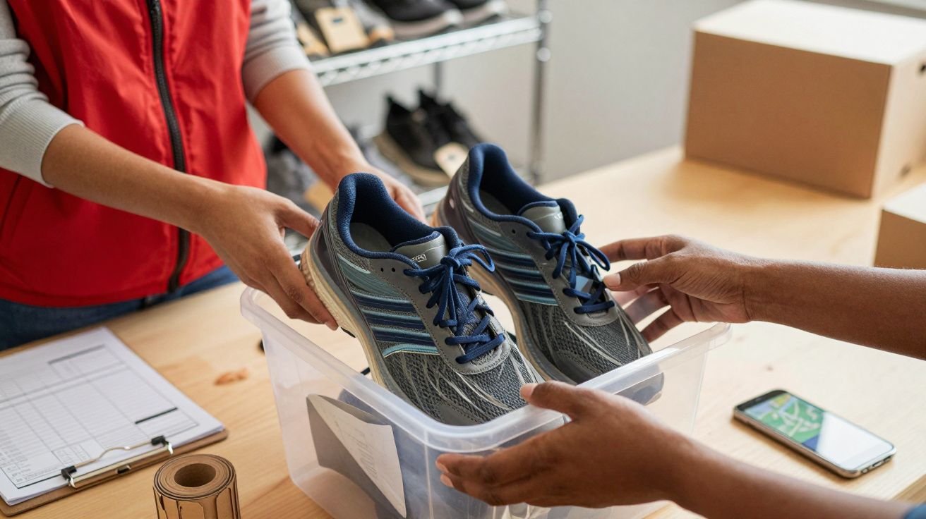 Mãos colocando ténis cinza-azul numa caixa plástica transparente sobre uma mesa, com um telemóvel ao lado.