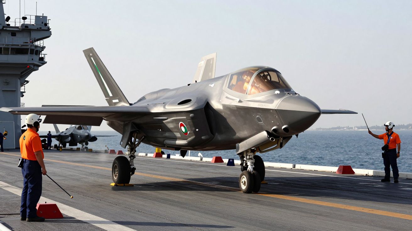 Avião de caça cinza na pista de porta-aviões, preparado para decolagem, com dois oficiais em coletes laranja ao redor.