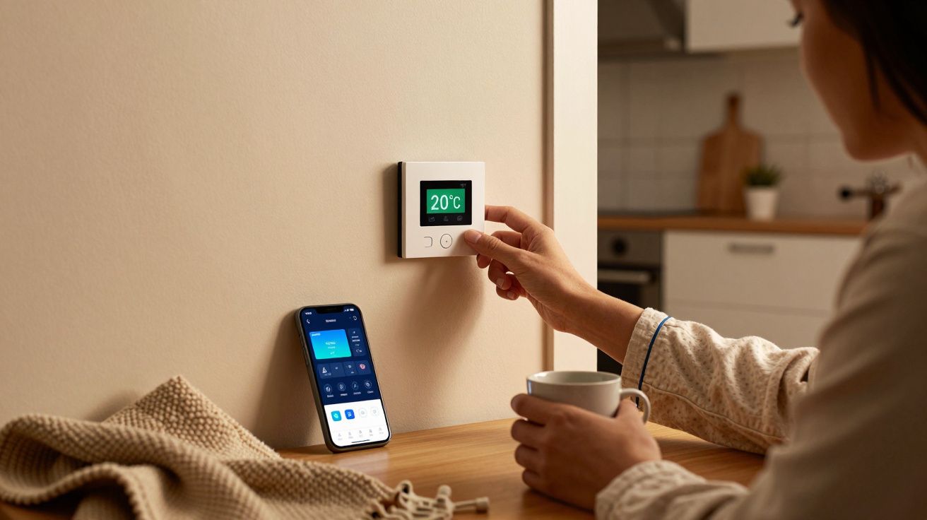 Mulher ajusta termostato inteligente com 20°C, segurando uma caneca. Telemóvel na mesa com app de controlo de temperatura.