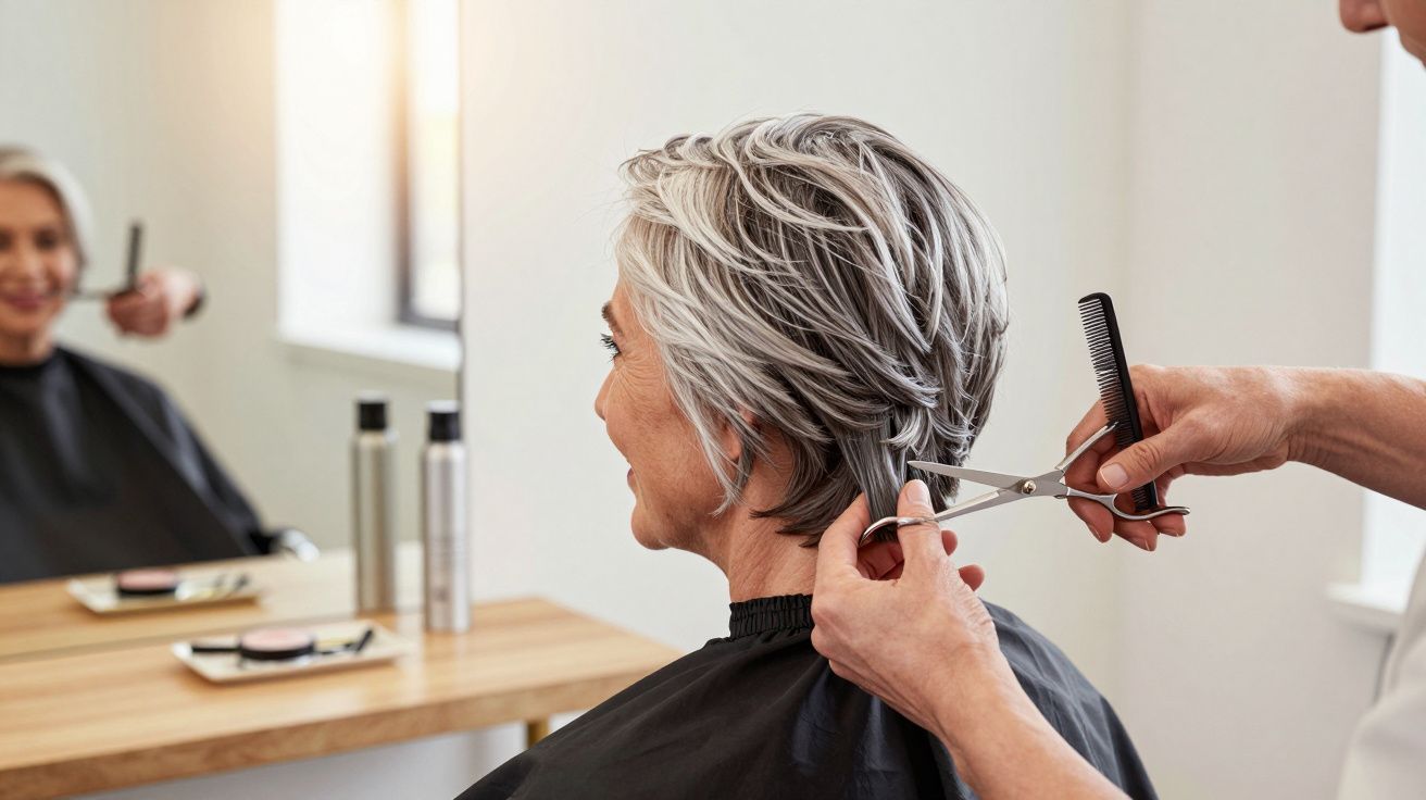 Pessoa com cabelo grisalho sentada no cabeleireiro, enquanto profissional corta o cabelo com tesoura e pente.