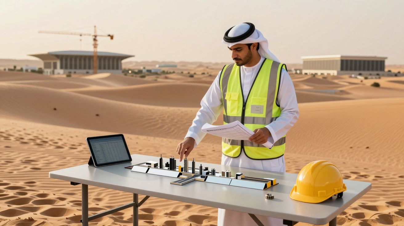 Engenheiro analisa maquete no deserto, com computador e capacete, edifícios e guindaste ao fundo.