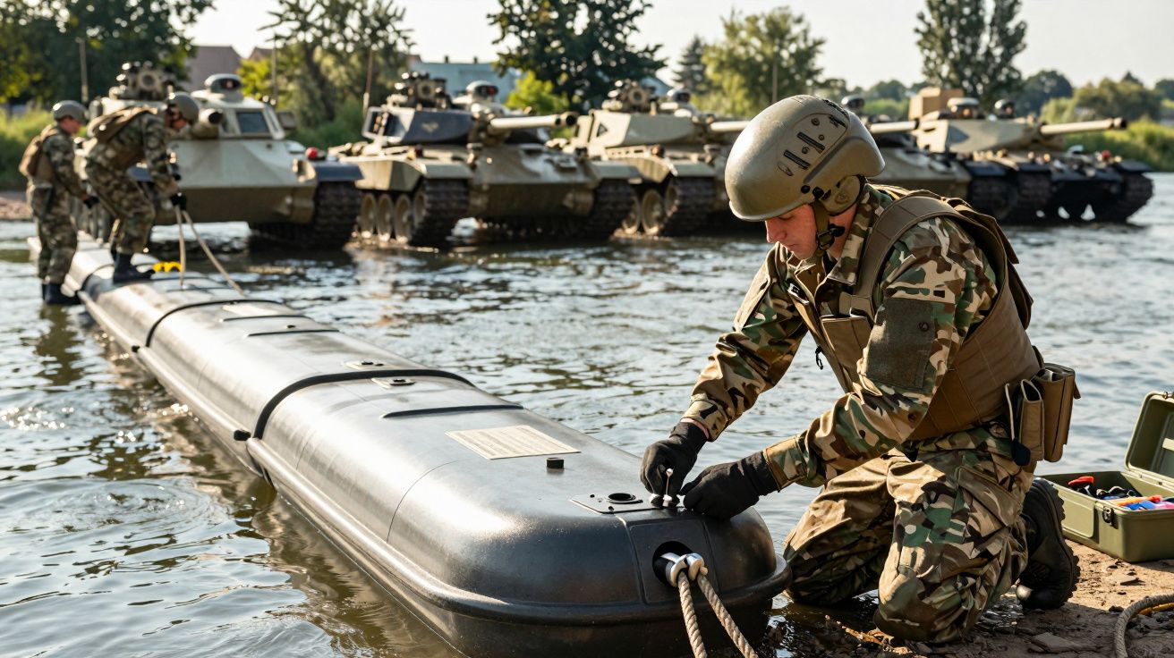 Soldado em uniforme camuflado ajusta equipamento no rio com veículos militares ao fundo em exercício militar.