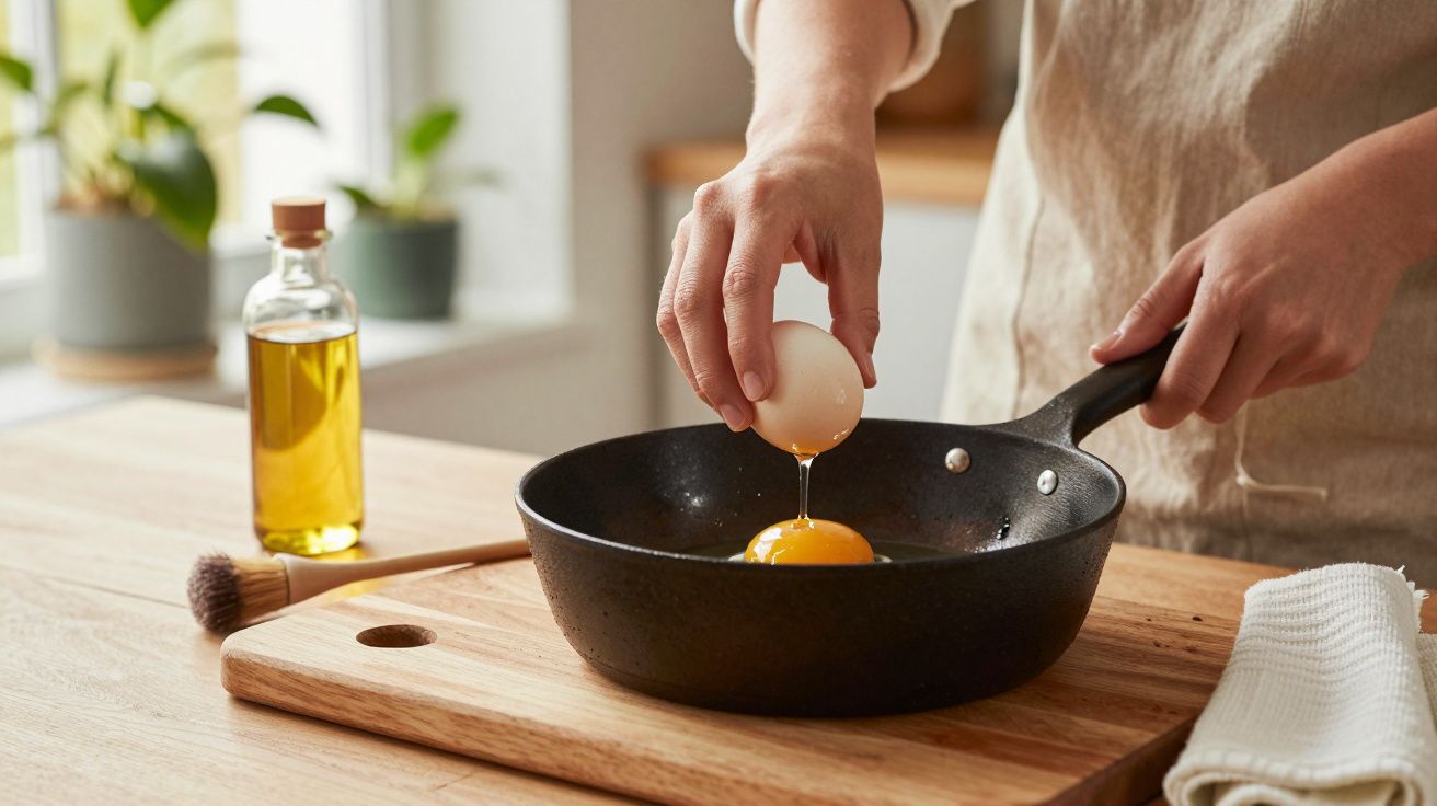 Mão a partir um ovo numa frigideira preta sobre uma tábua de madeira, com garrafa de azeite e plantas ao fundo.