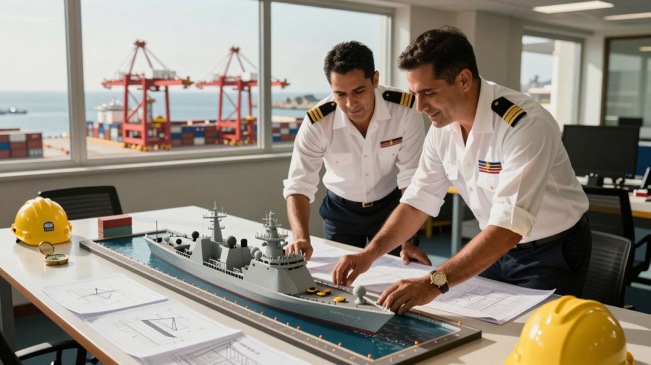 Dois homens apreciam maquete de navio em escritório com vista para porto, usando uniformes náuticos e capacetes amarelos.