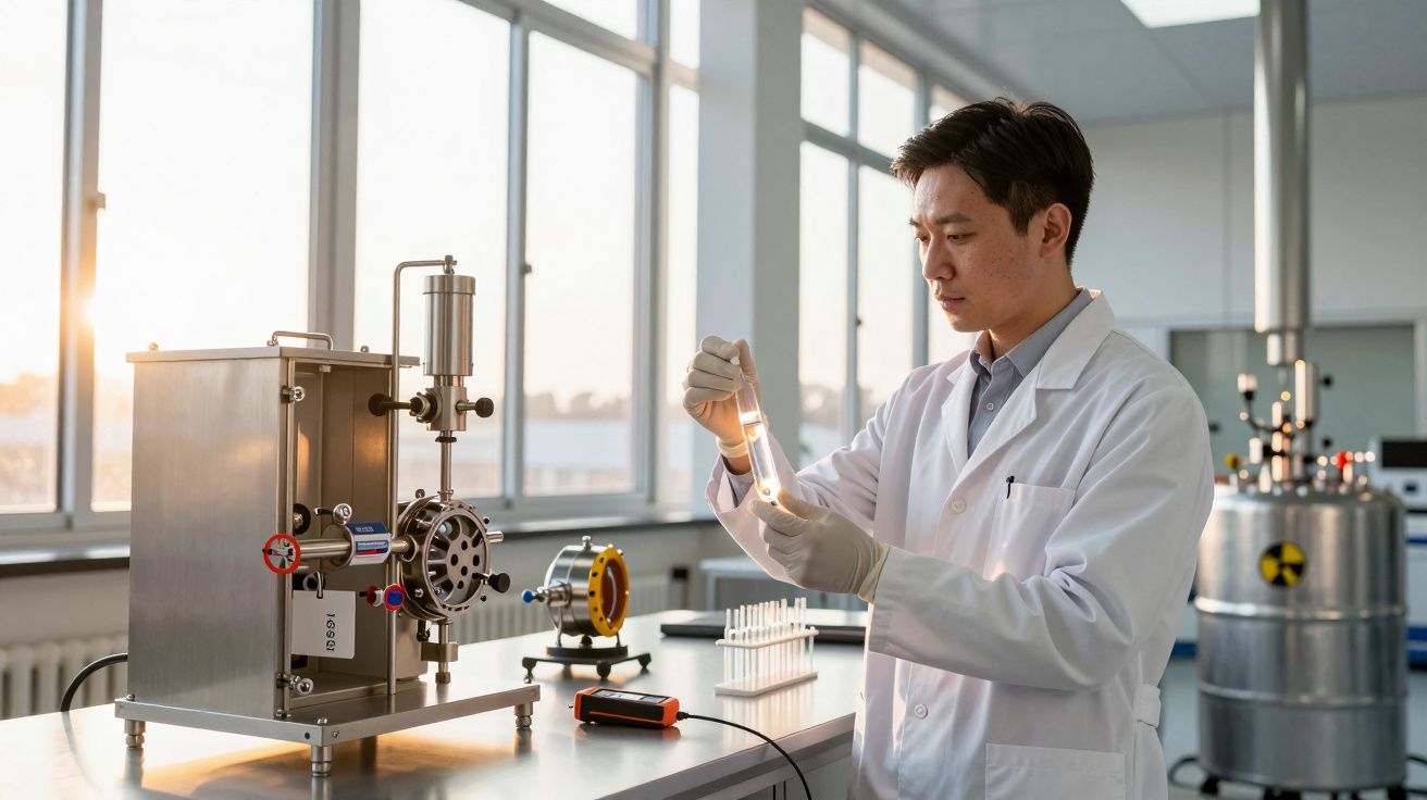 Cientista de bata branca examina tubo de ensaio em laboratório iluminado pelo sol.