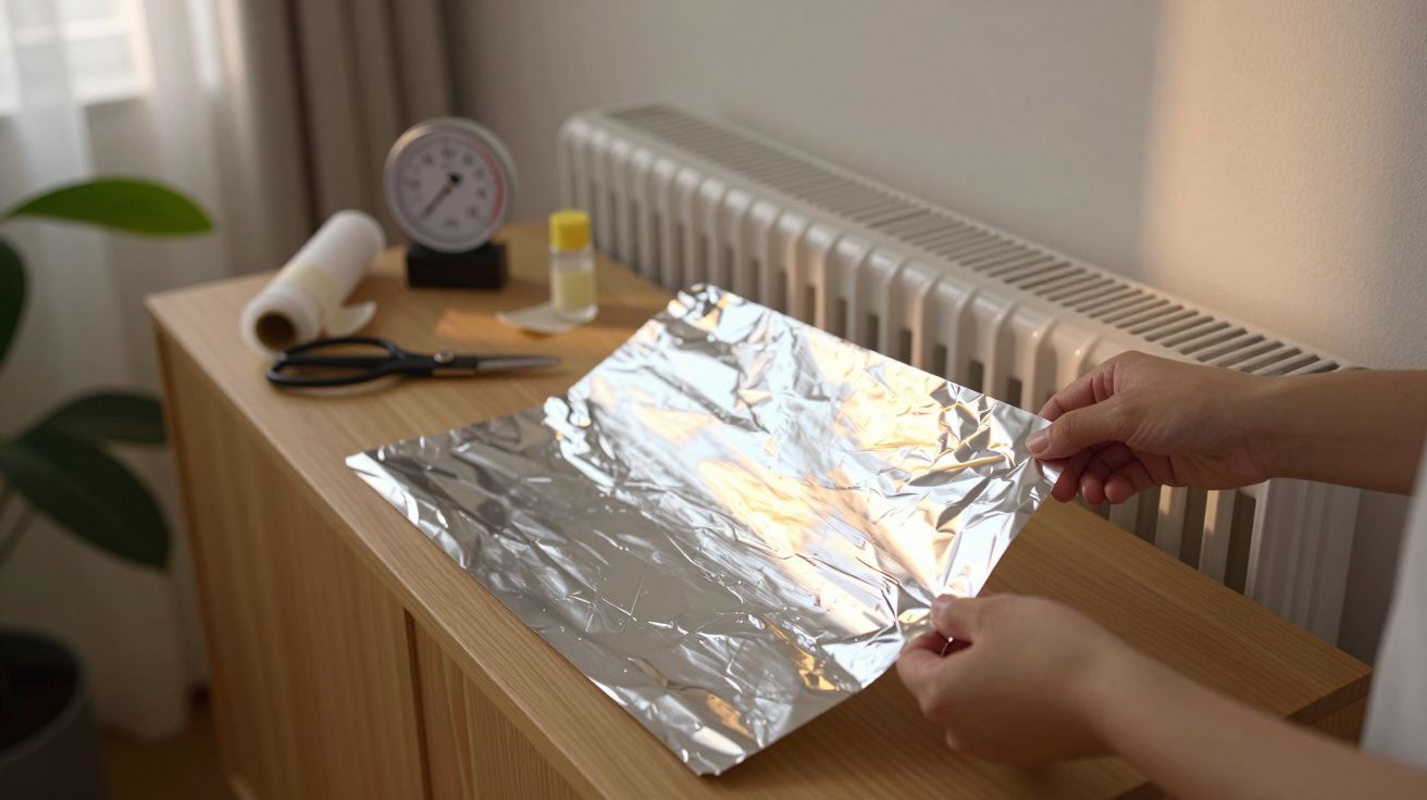 Pessoa segurando folha de alumínio em frente a um radiador, com objetos de escritório sobre um móvel de madeira.