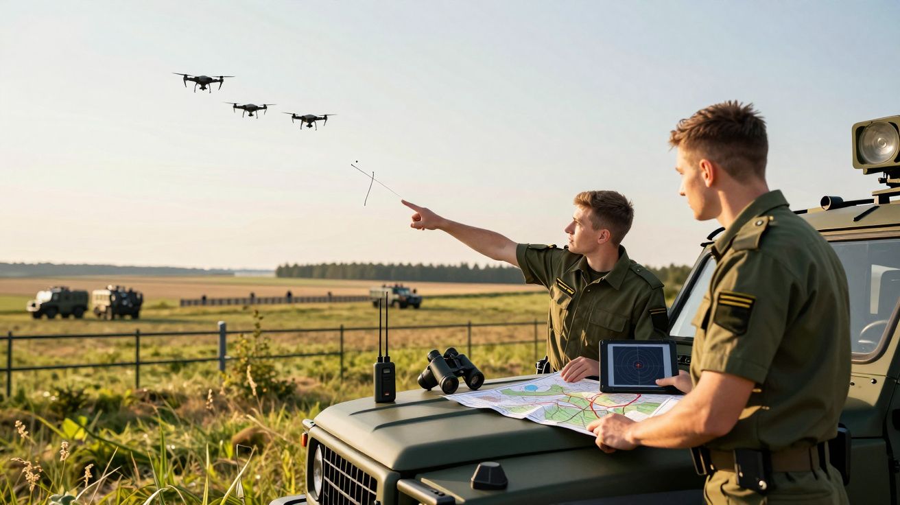 Dois soldados em uniforme verde operam drones com tablet e mapa sobre jipe no campo.
