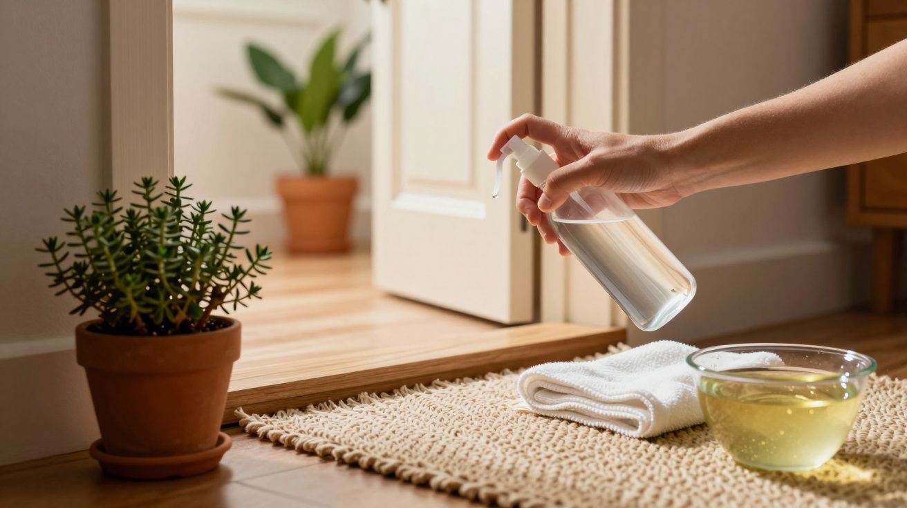 Mão borrifando líquido de frasco sobre carpete, com taça e toalha ao lado, planta em vaso ao fundo.