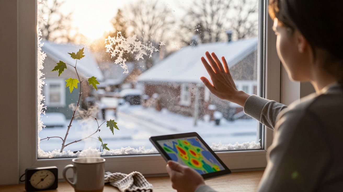 Pessoa com tablet vê neve e geada na janela, observando casas cobertas de neve ao fundo, num ambiente acolhedor.