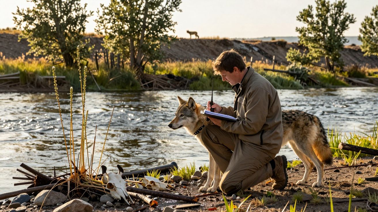 Homem ajoelhado anota em caderno ao lado de um lobo junto a um rio, com árvores ao fundo.