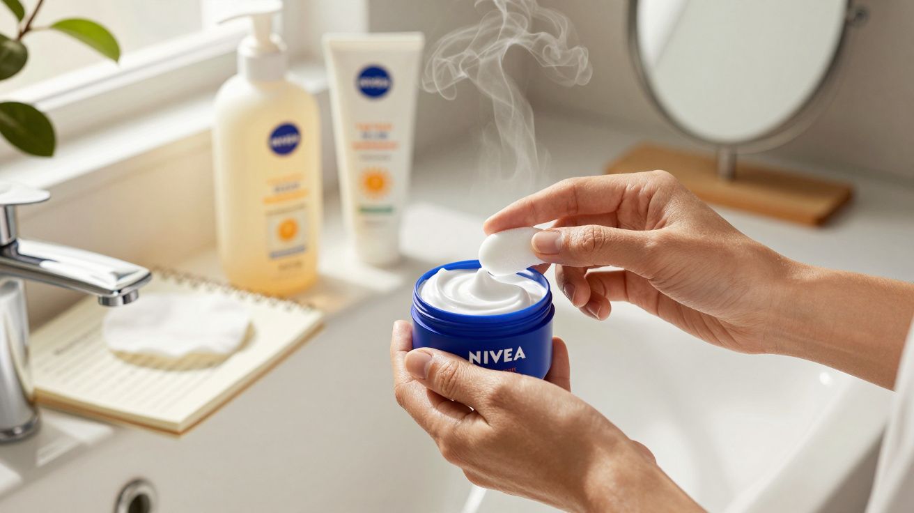 Mãos segurem um creme Nivea azul numa casa de banho, com produtos de cuidado de pele visíveis ao fundo.