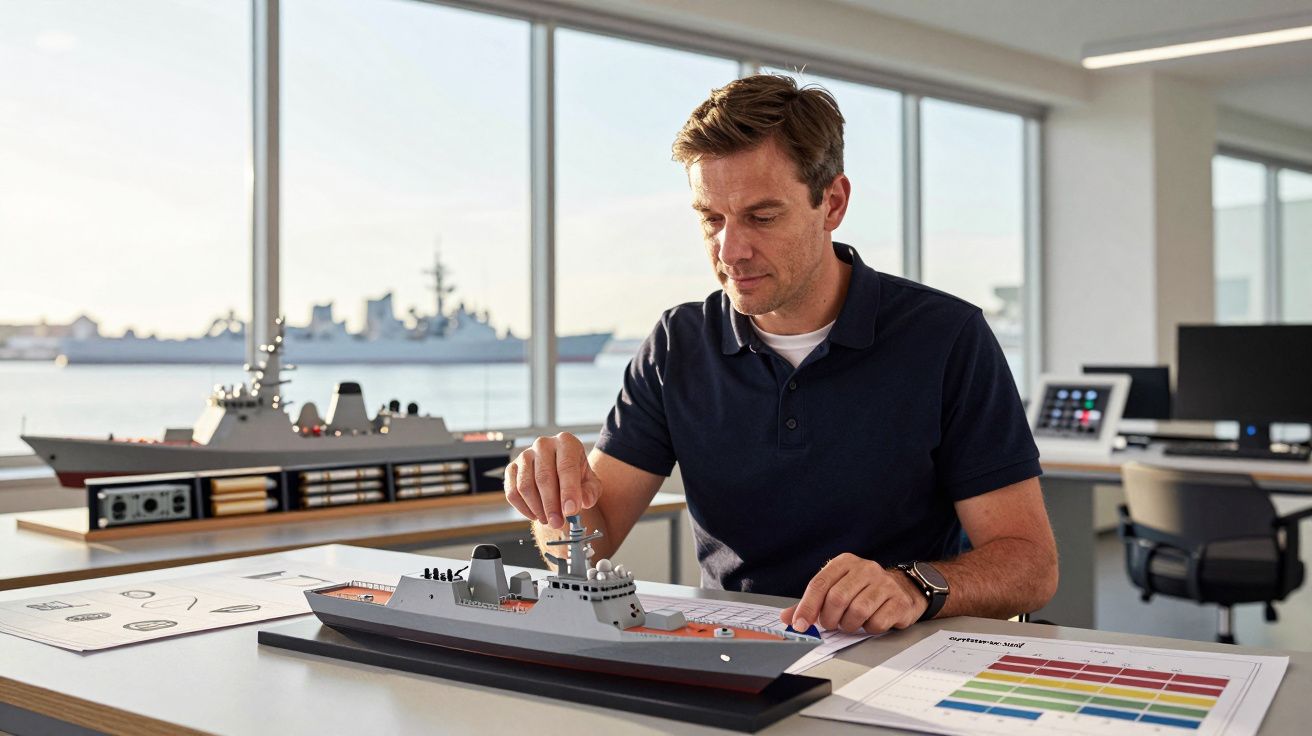 Homem a montar modelo de navio em escritório, com janelas grandes ao fundo e um navio real visível no exterior.