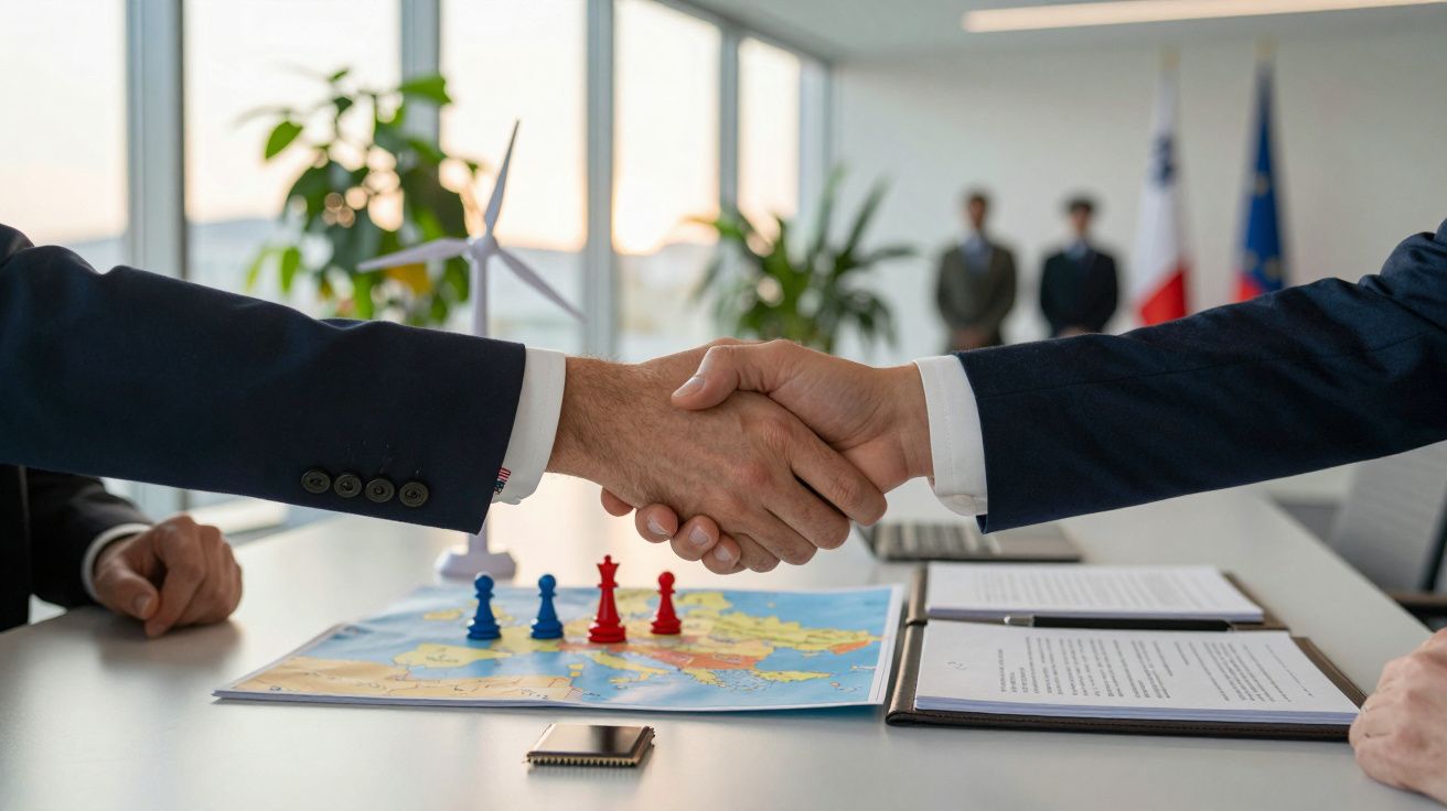 Dois homens apertam as mãos sobre uma mesa de negociações com mapa e documentos.