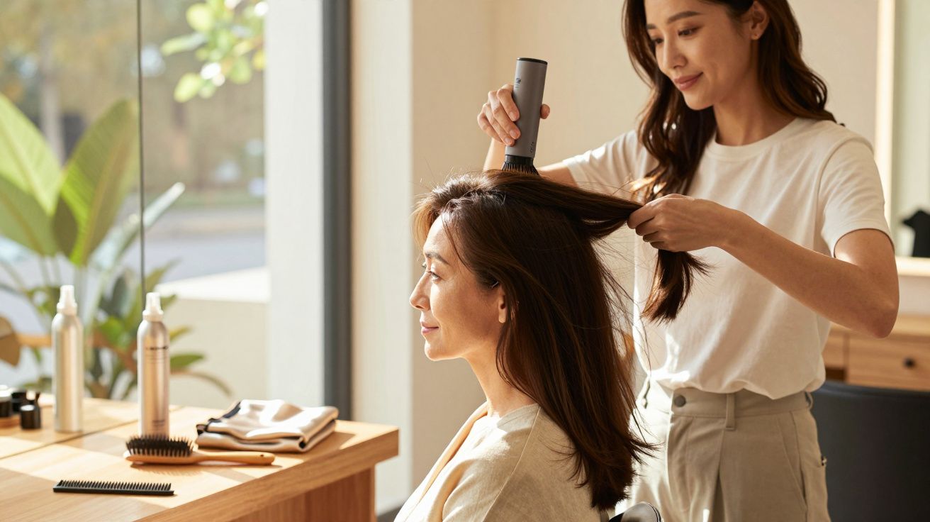 Cabeleireira a secar o cabelo de uma cliente num salão iluminado pelo sol.