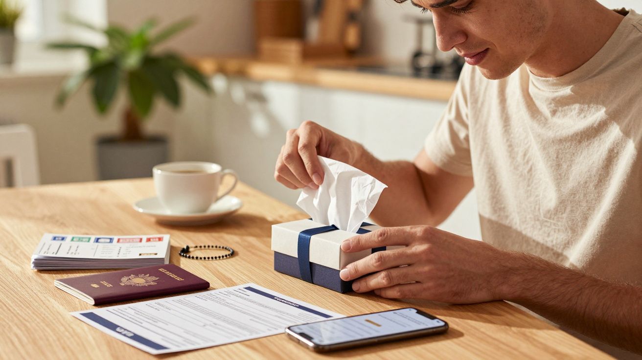 Homem abre presente numa mesa com passaporte, documentos, telemóvel e chávena de café.