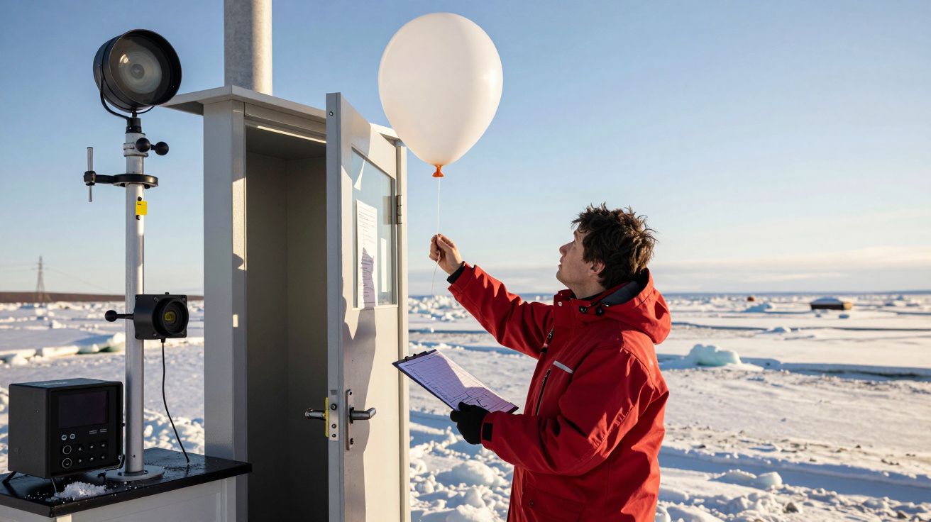 Pessoa de casaco vermelho segura balão meteorológico ao lado de equipamento científico num ambiente gelado.