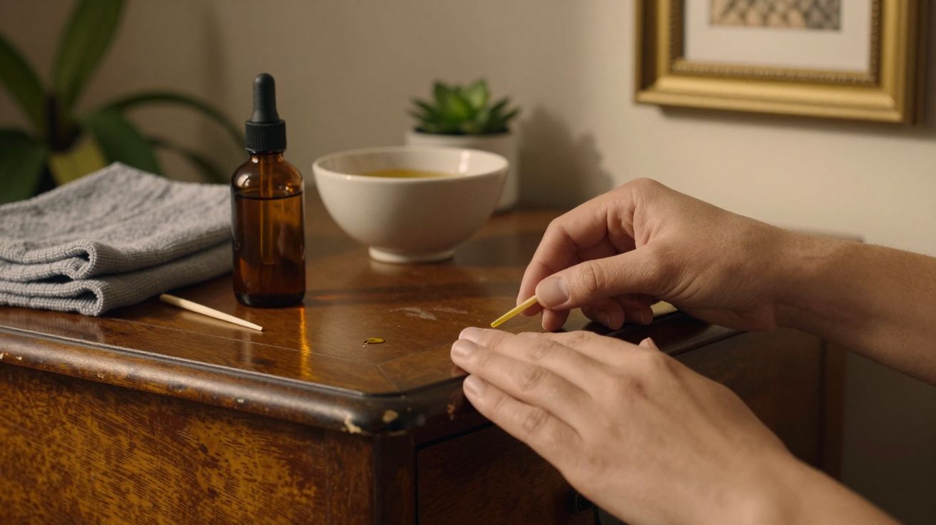 Mãos aplicam óleo numa superfície de madeira ao lado de um frasco, prato e toalha em cima de uma cómoda.