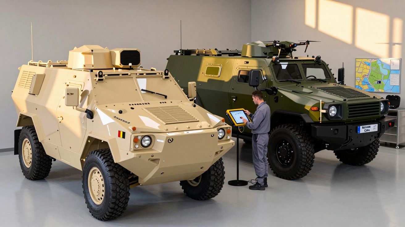 Dois veículos blindados em exibição, um bege e outro verde, com uma pessoa a interagir com um painel à frente.