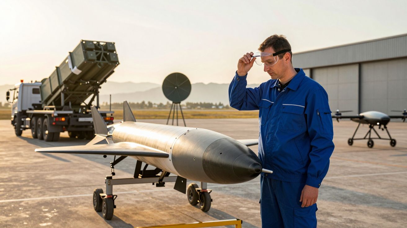 Homem em fato de trabalho azul inspeciona drone militar num aeródromo com veículo militar ao fundo.