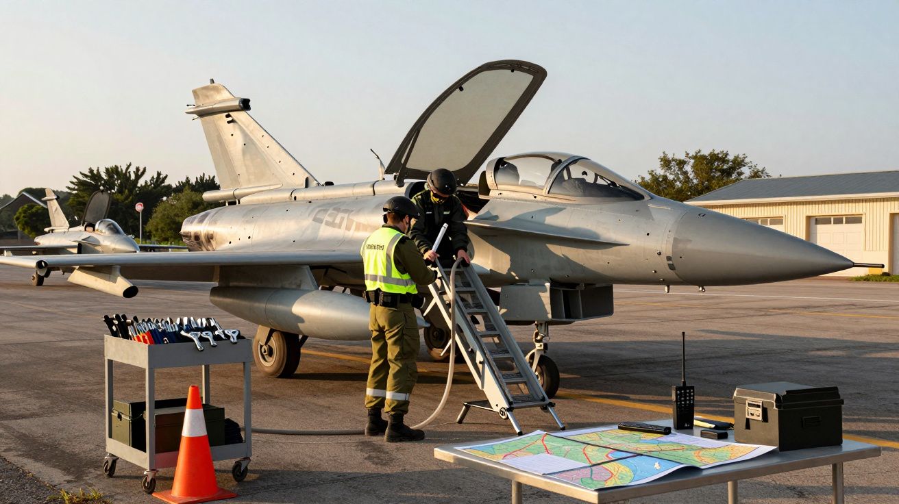 Dois militares preparam um caça a jato estacionado na pista, com banco de ferramentas e mesa com mapa próximo.