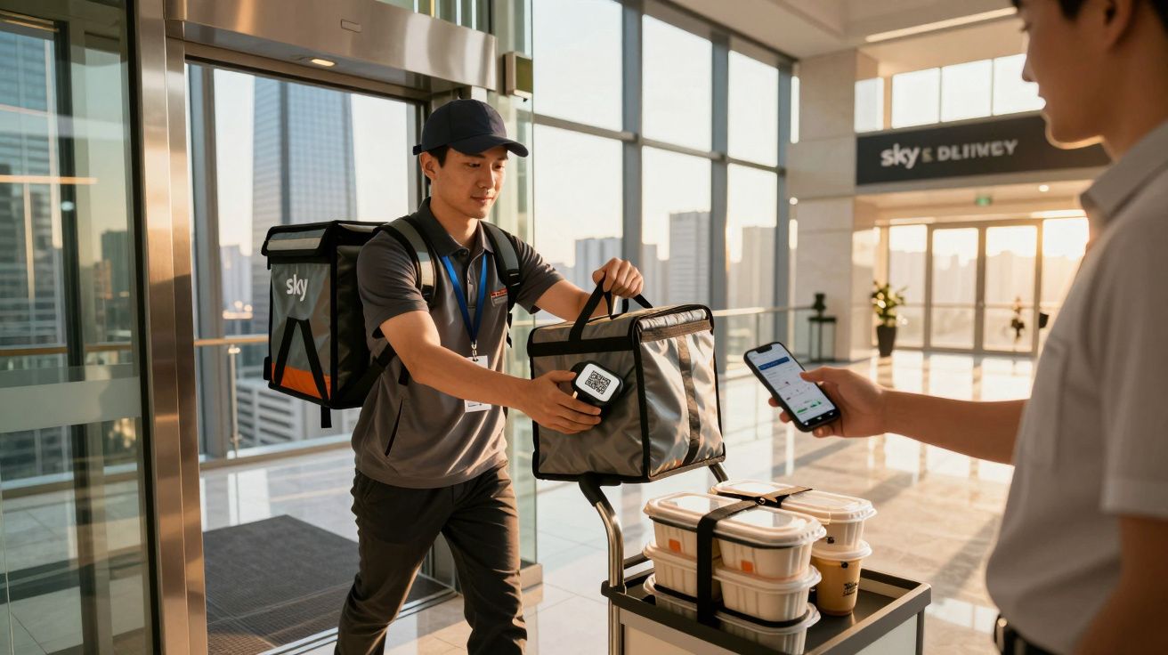 Estafeta de entregas num edifício moderno, segurando saco térmico, enquanto cliente verifica entrega com smartphone.