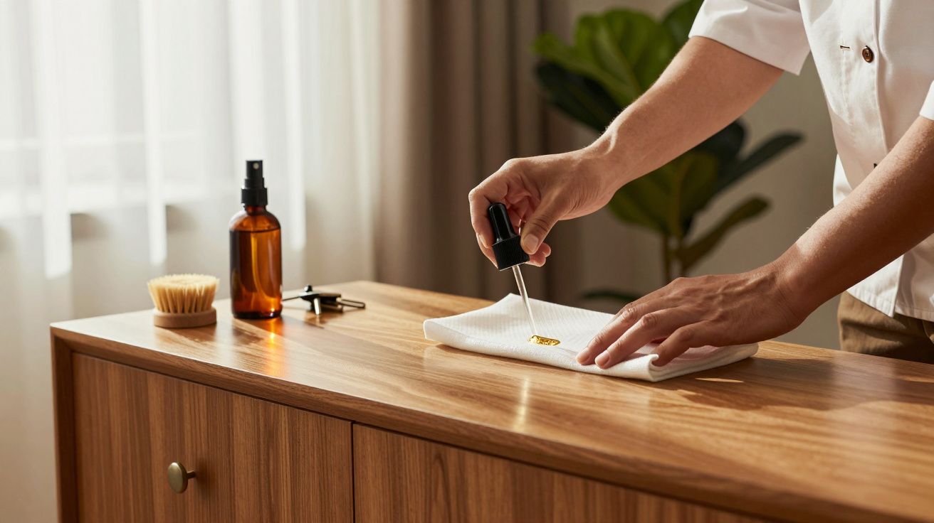 Mãos aplicando óleo em tecido branco sobre mesa de madeira, com frasco âmbar e pincel ao lado.