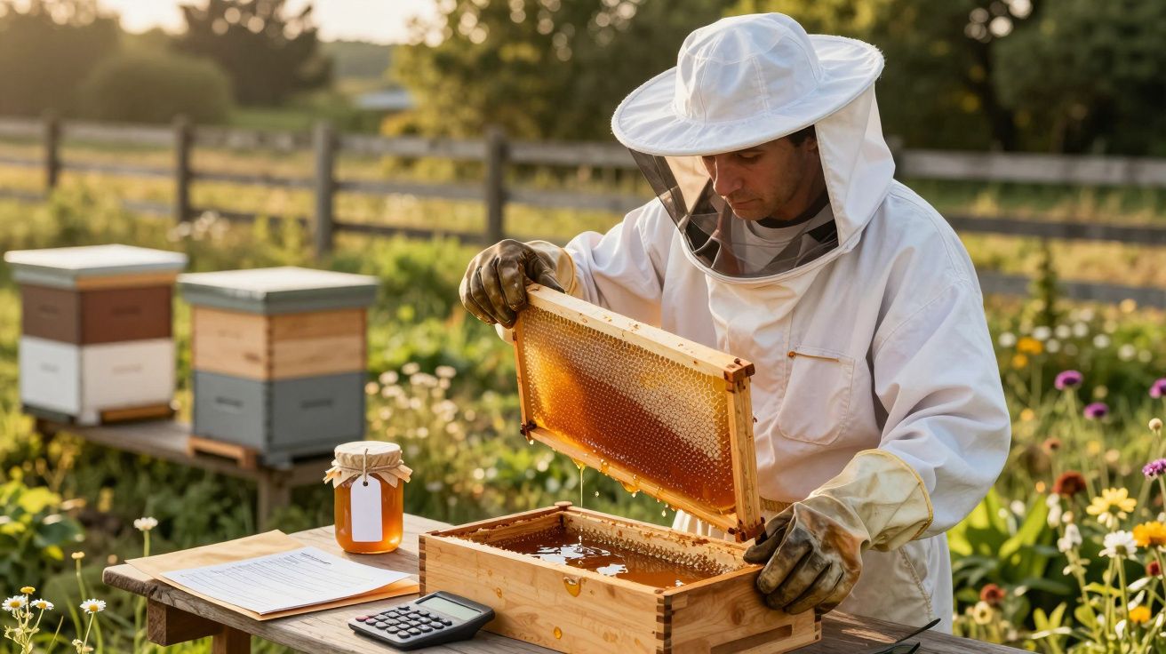 Apicultor em fato protetor, inspeciona colmeia ao ar livre, com potes de mel e colmeias ao fundo.