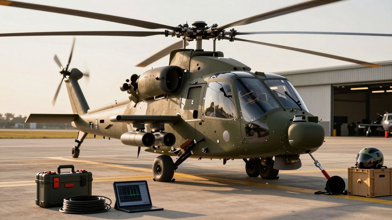 Helicóptero militar verde no aeródromo com equipamentos e capacete ao lado, hangar ao fundo.