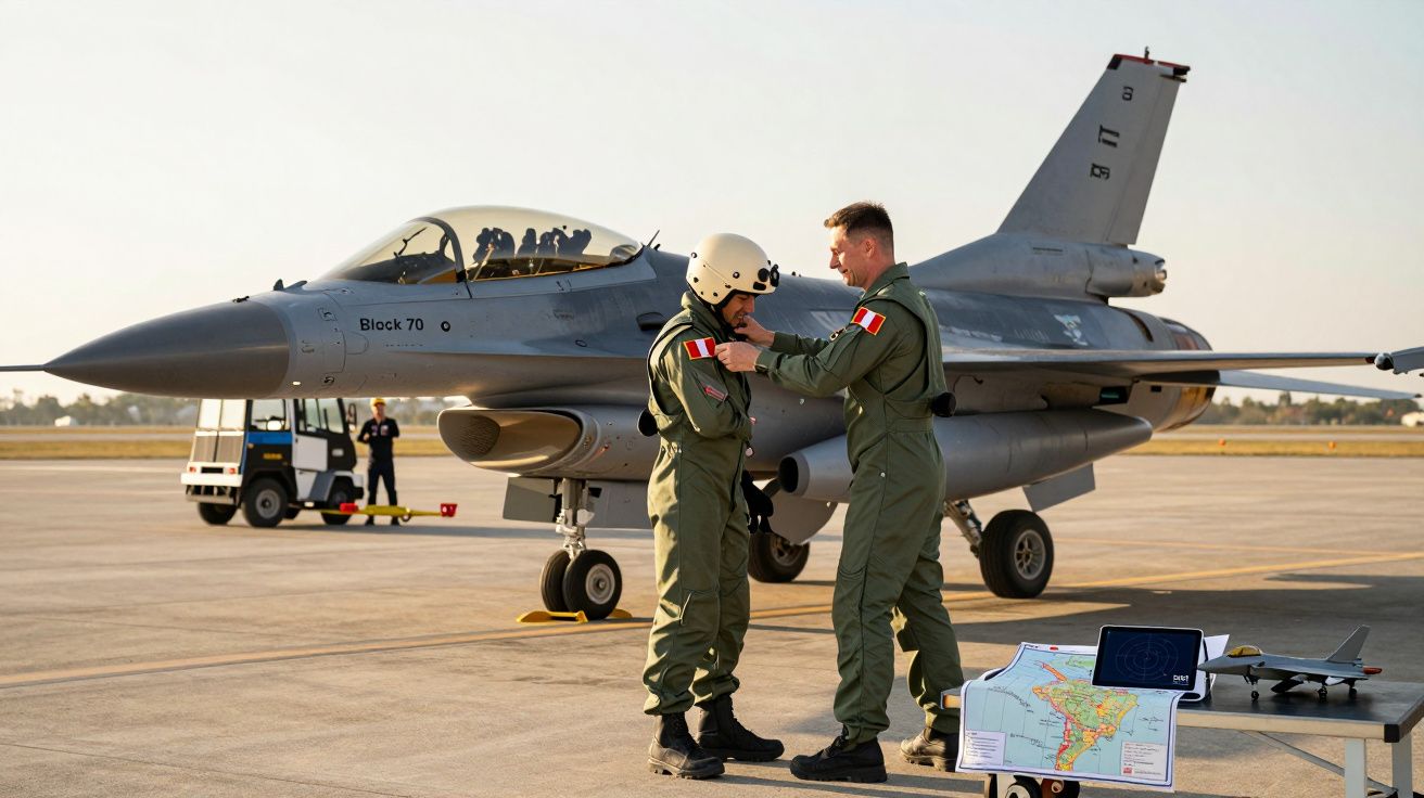 Dois pilotos de aeronaves F-16 na pista, um ajustando capacete do outro, com um mapa e um modelo de avião ao fundo.