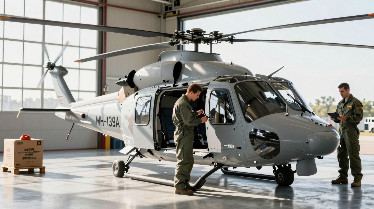 Dois técnicos inspecionam um helicóptero cinza modelo MH-139A num hangar iluminado.