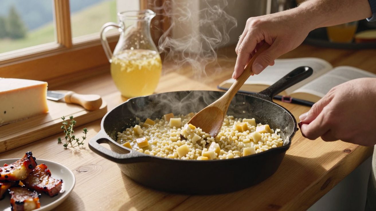 Pessoa cozinha massa com queijo numa frigideira de ferro fundido. Ingredientes ao lado incluem bacon e queijo.