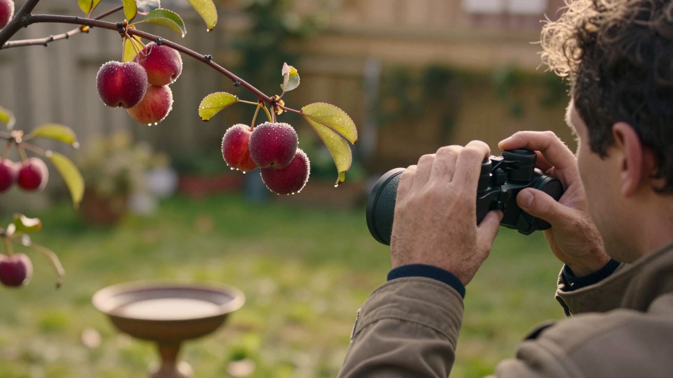 Homem fotografa maçãs vermelhas em árvore no jardim, segurando uma câmara. Fundo com gramado e fonte desfocados.
