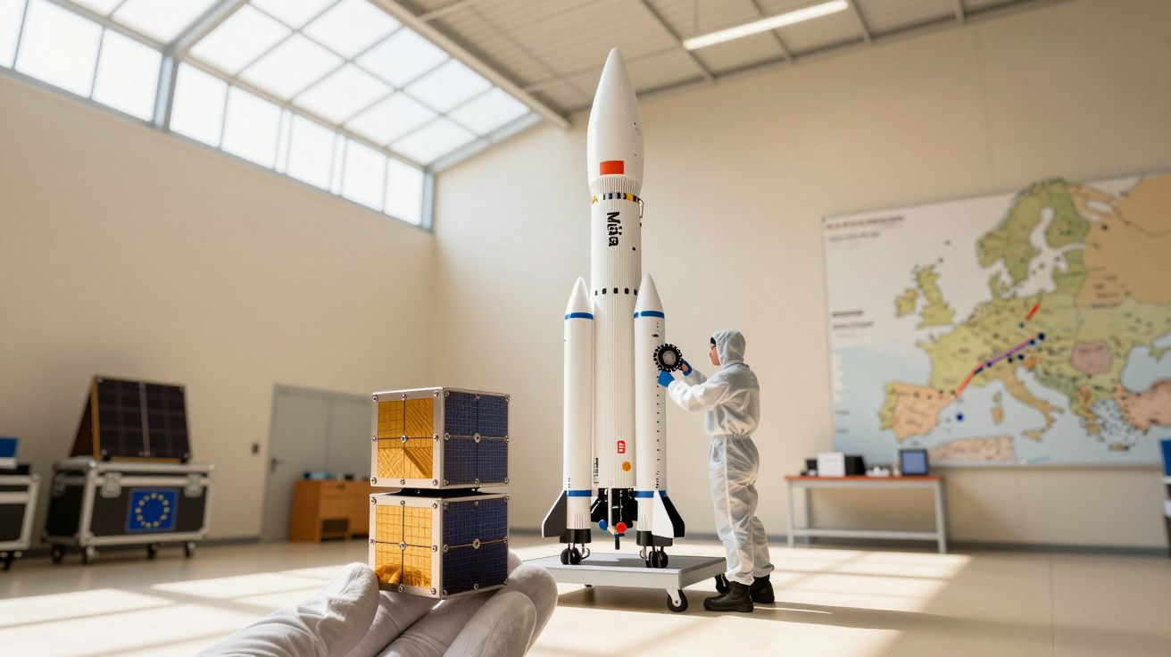 Pessoa em fato protetor trabalha num modelo de foguete numa sala com mapa da Europa.