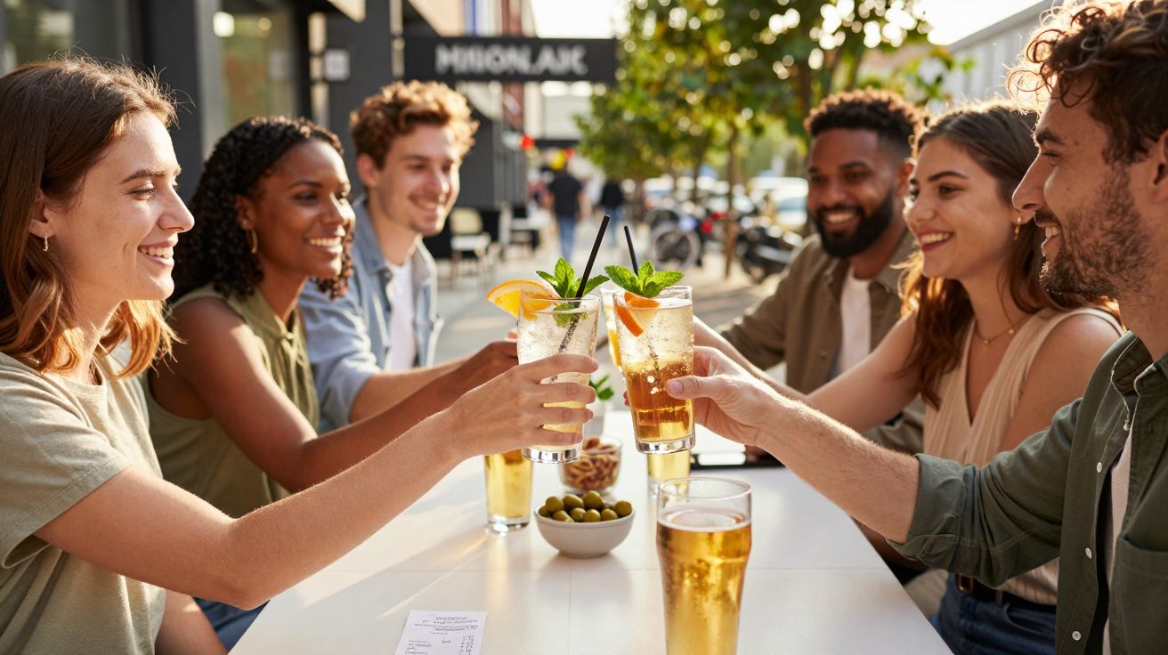 Grupo de amigos brindando com copos de bebida em mesa de esplanada ao ar livre.